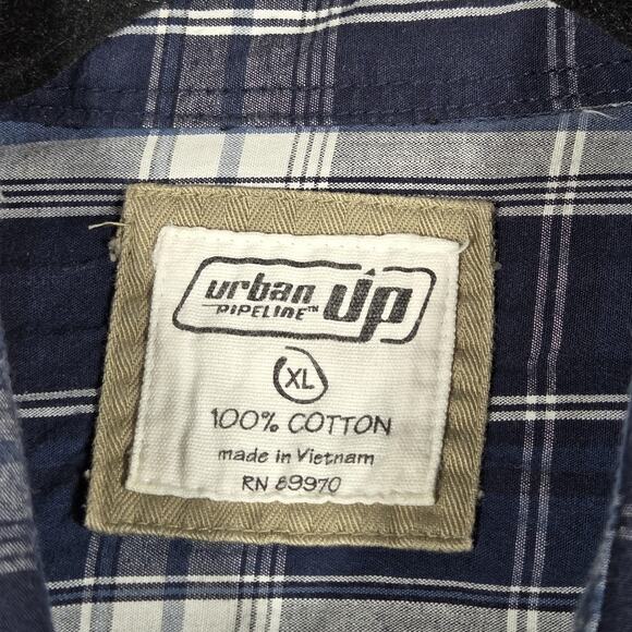 Navy Plaid Pearl Snap Shirt Mens XL Short Sleeve Western Style 100% Cotton - Picture 6 of 10